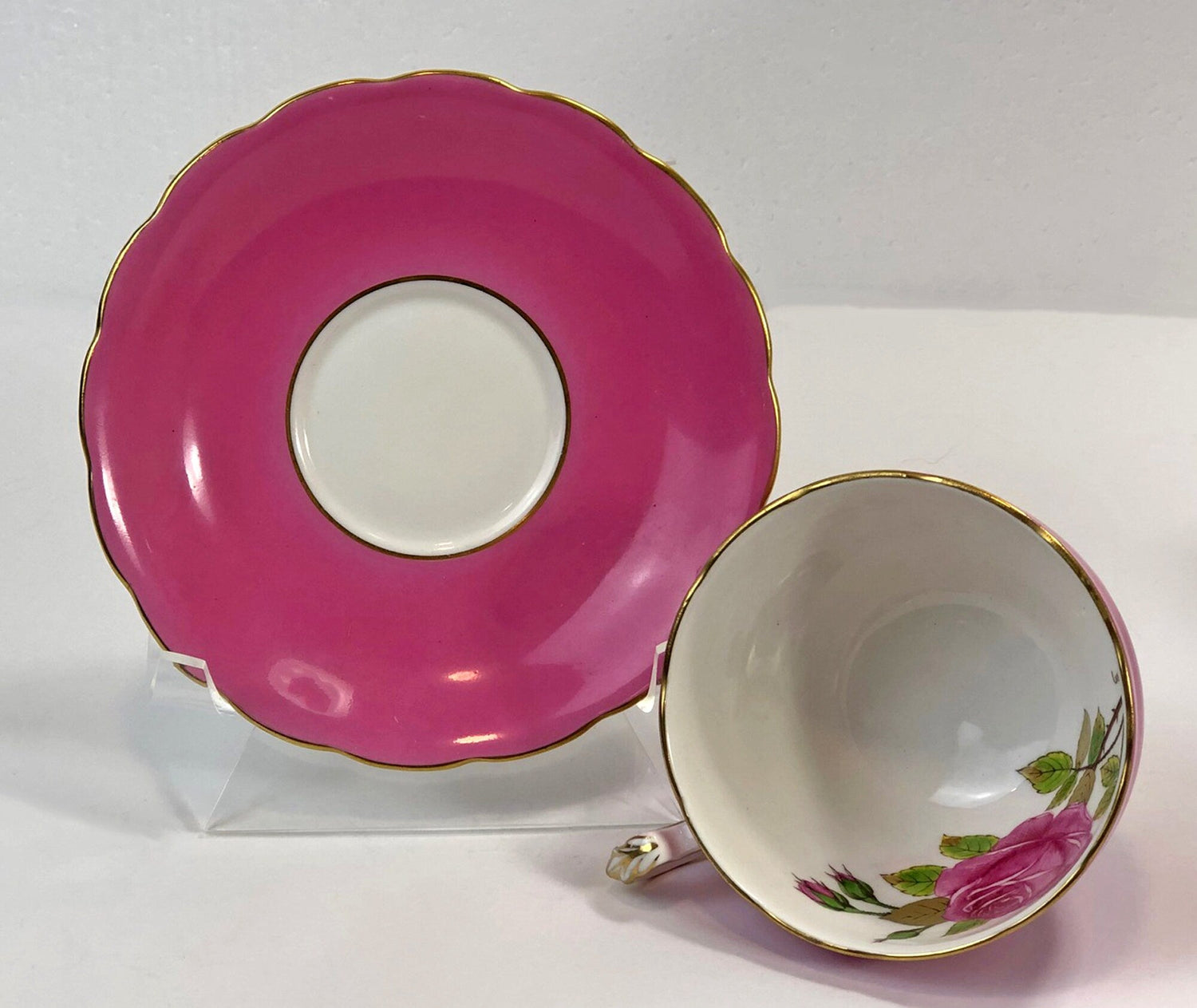 Vintage Staffordshire Hand Painted Cup & Saucer – Signed Pink & Green Design