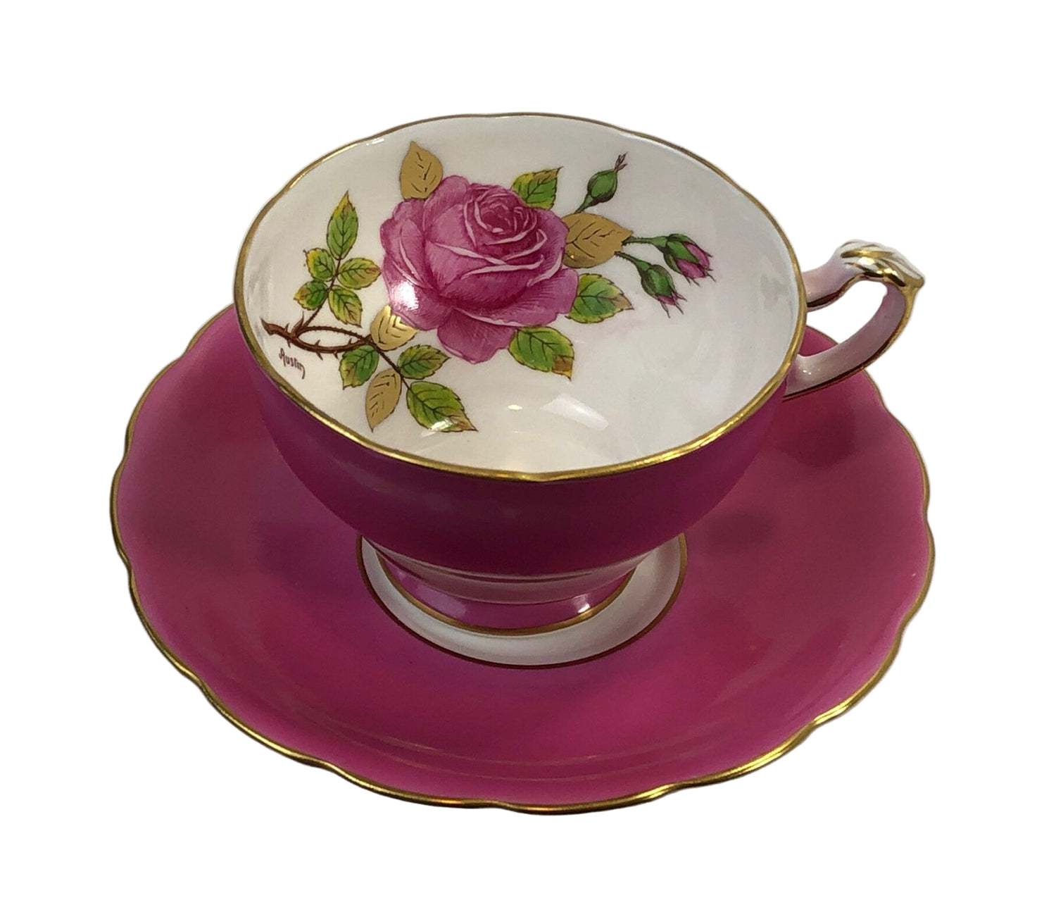 Vintage Staffordshire Hand Painted Cup & Saucer – Signed Pink & Green Design