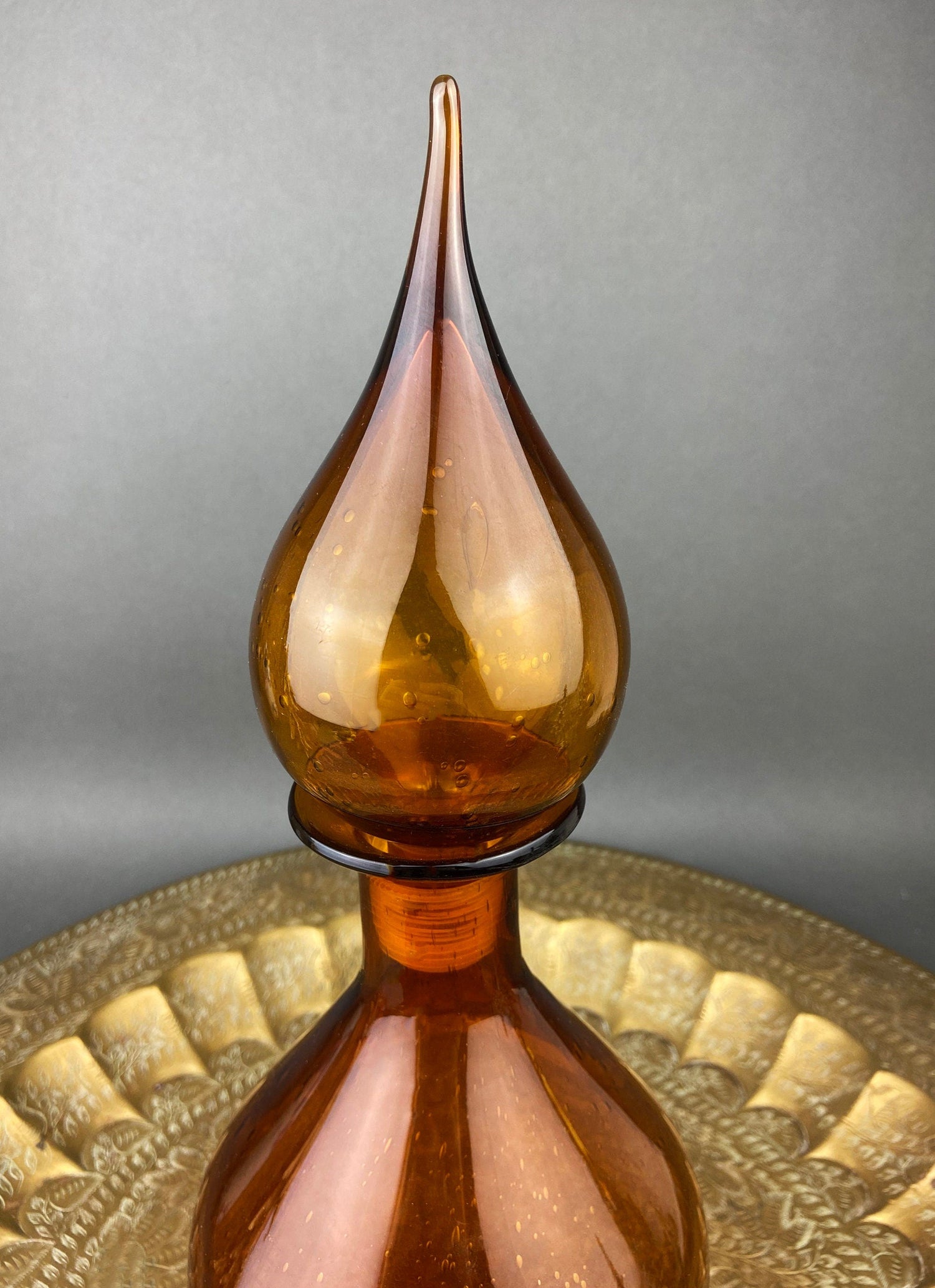 Vintage Brown Glass Decanter – Hand Blown with Drop Stopper & Fleur de Lis Detail