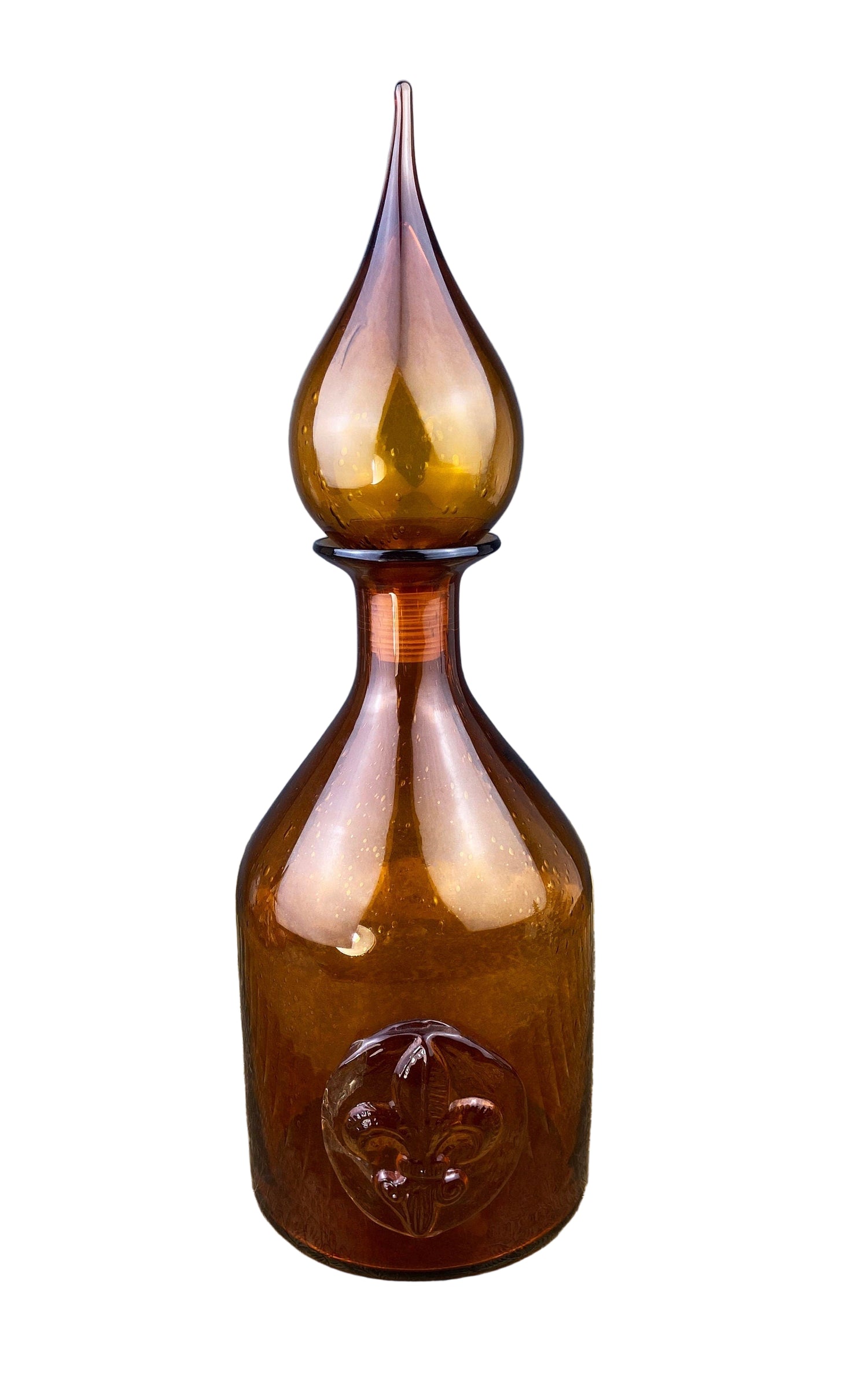 Vintage Brown Glass Decanter – Hand Blown with Drop Stopper & Fleur de Lis Detail