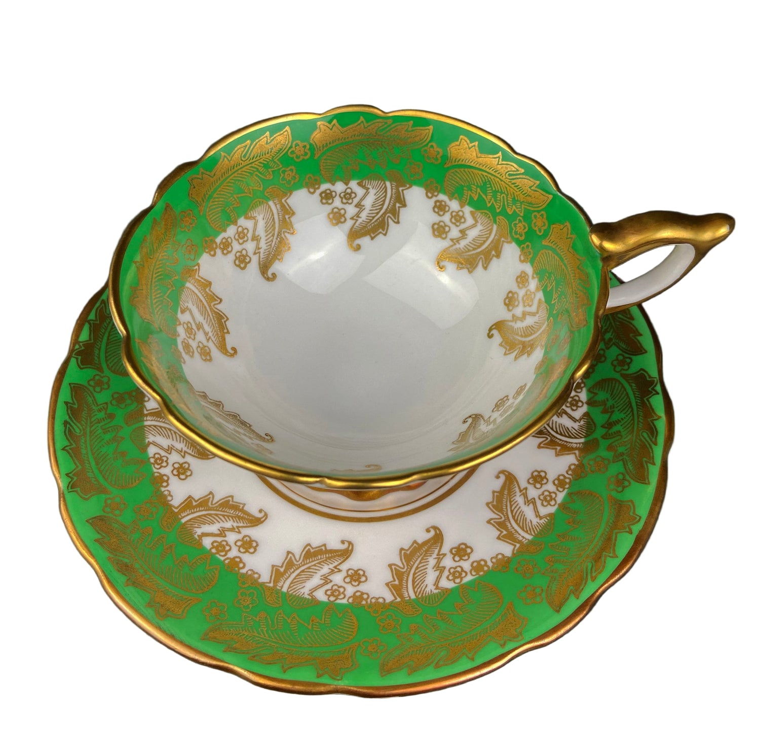 Vintage Royal Stafford Cup & Saucer – Green with Gold Filigree England