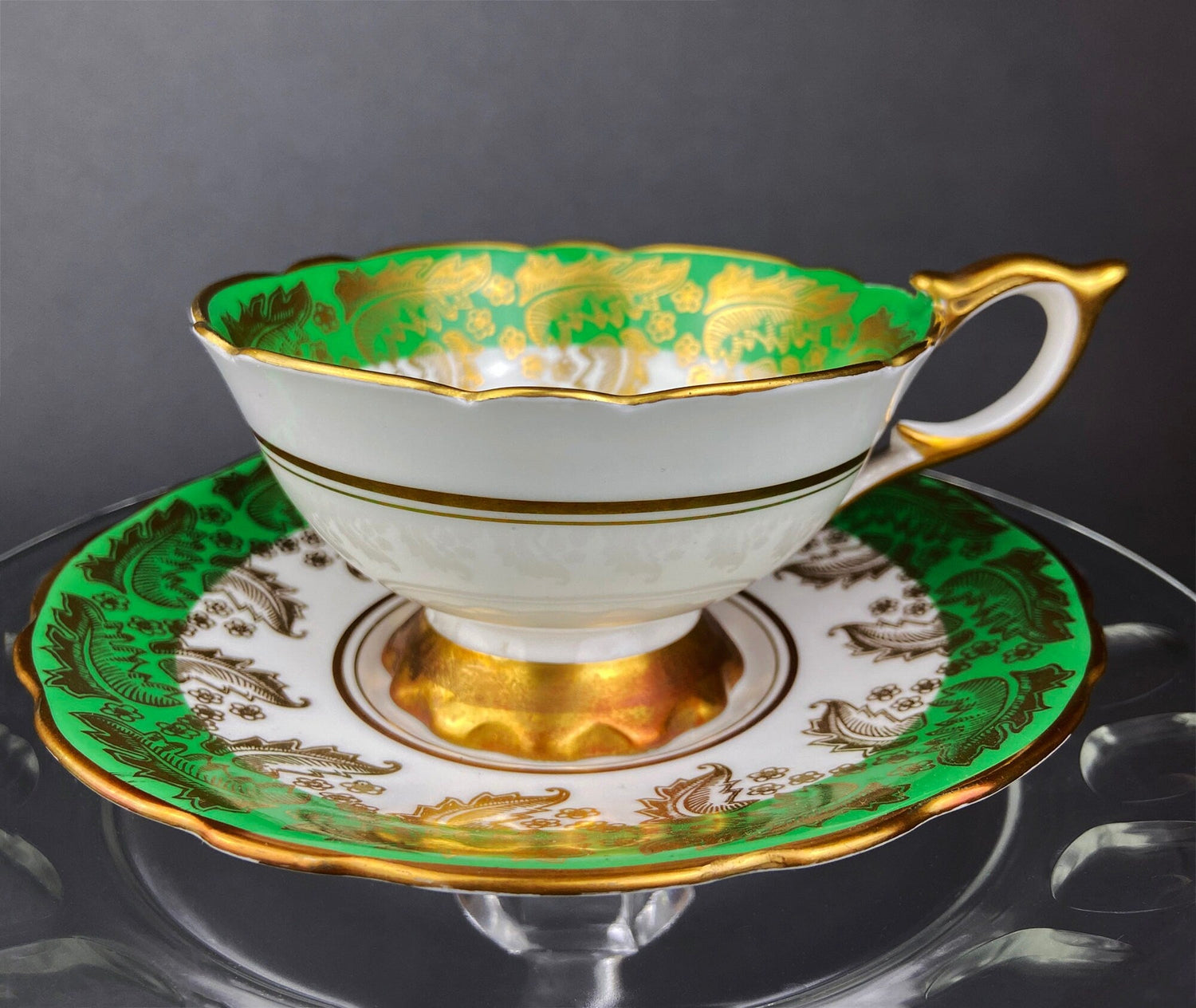 Vintage Royal Stafford Cup & Saucer – Green with Gold Filigree England