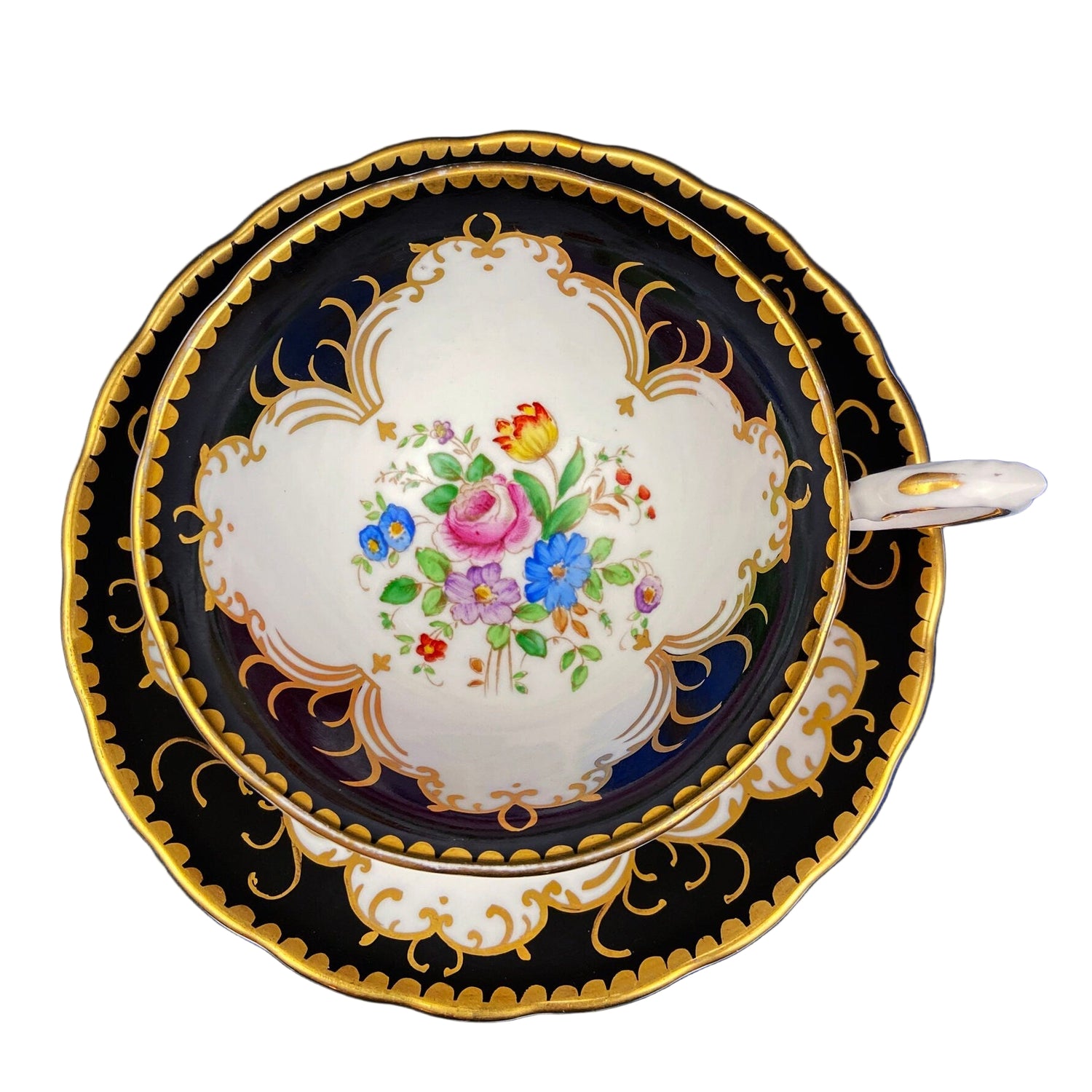 Vintage Tuscan Cup & Saucer – Black, White & Gold Floral Pattern