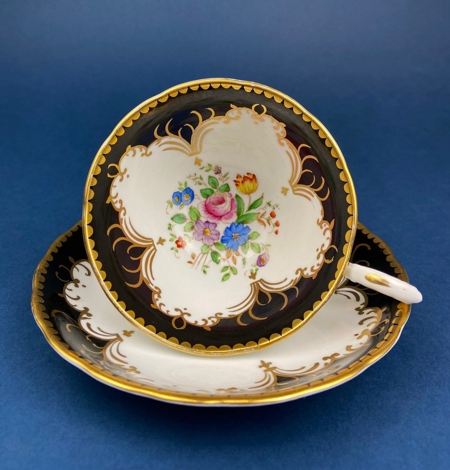 Vintage Tuscan Cup & Saucer – Black, White & Gold Floral Pattern
