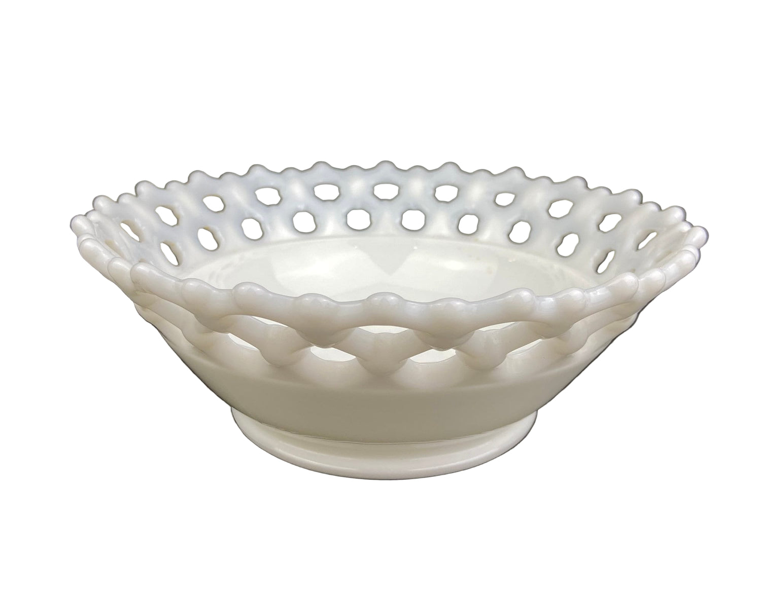 Vintage Milk Glass Serving Bowl – Open Lace Reticulated Rim Design