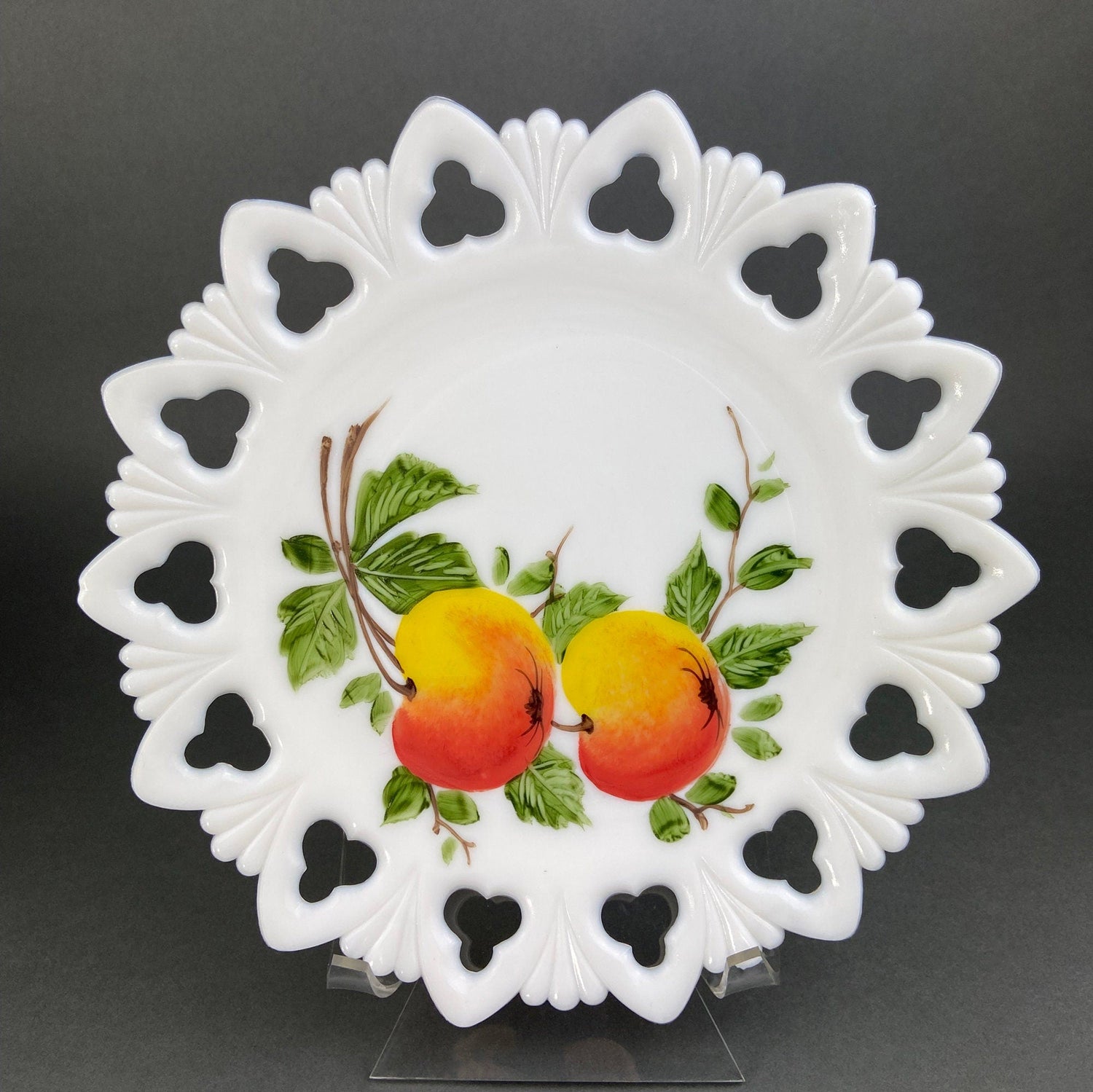 Westmoreland Milk Glass Plates – Set of 4 Hand Painted Floral & Fruit Designs with Reticulated Rim