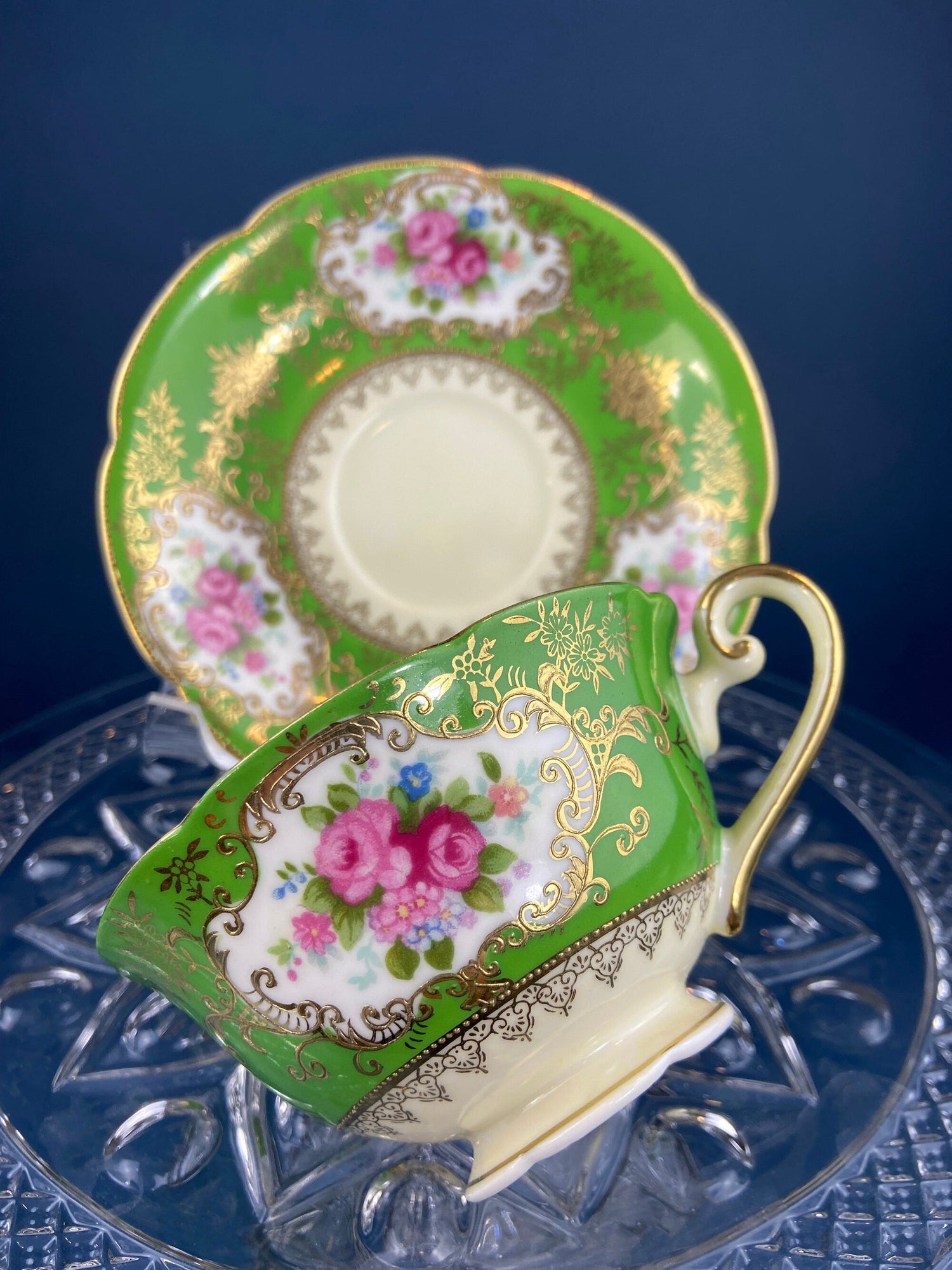 Antique Occupied Japan Cup And Saucer Emerald Green Gold Pink Pattern