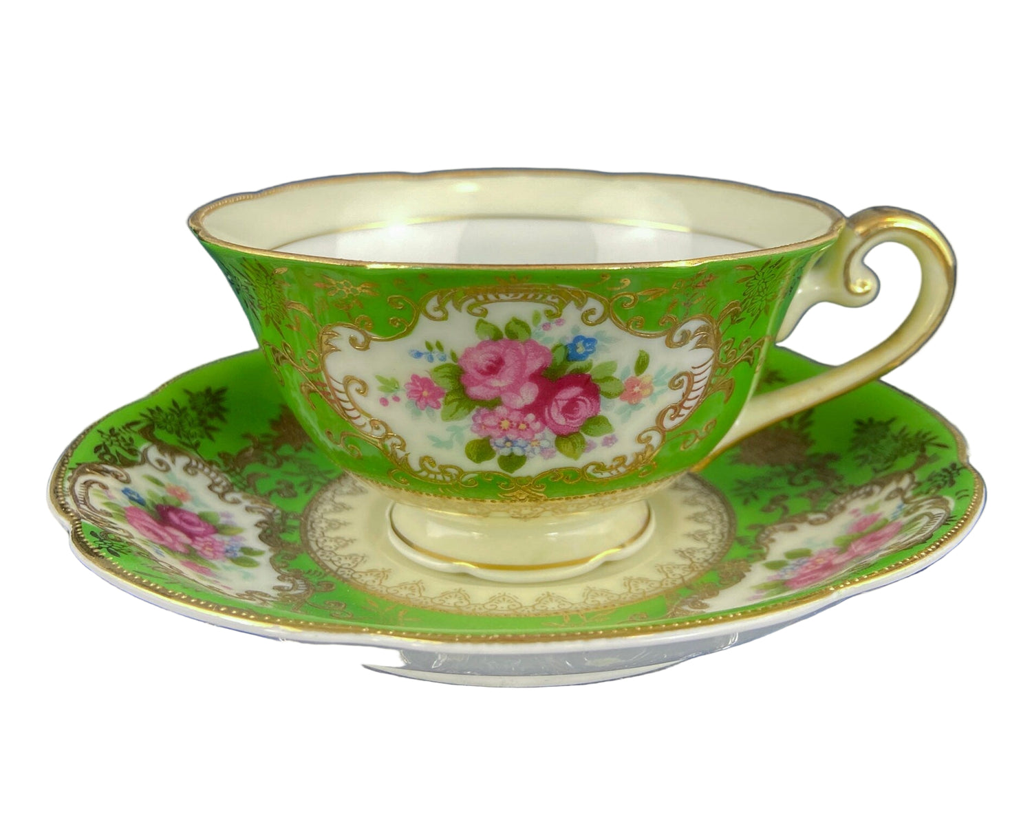 Antique Occupied Japan Cup And Saucer Emerald Green Gold Pink Pattern