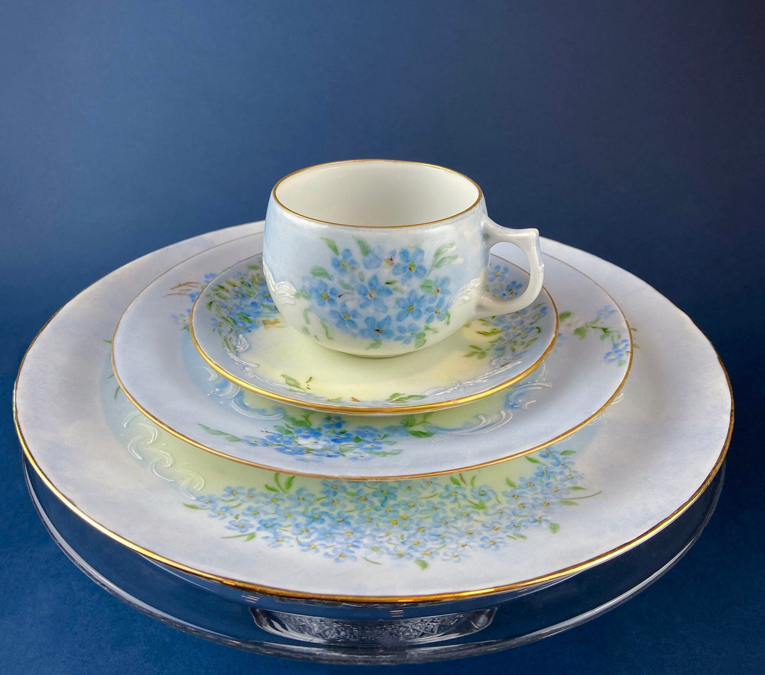 Antique Forget-Me-Not Porcelain Set – Cup, Saucer, and Plates