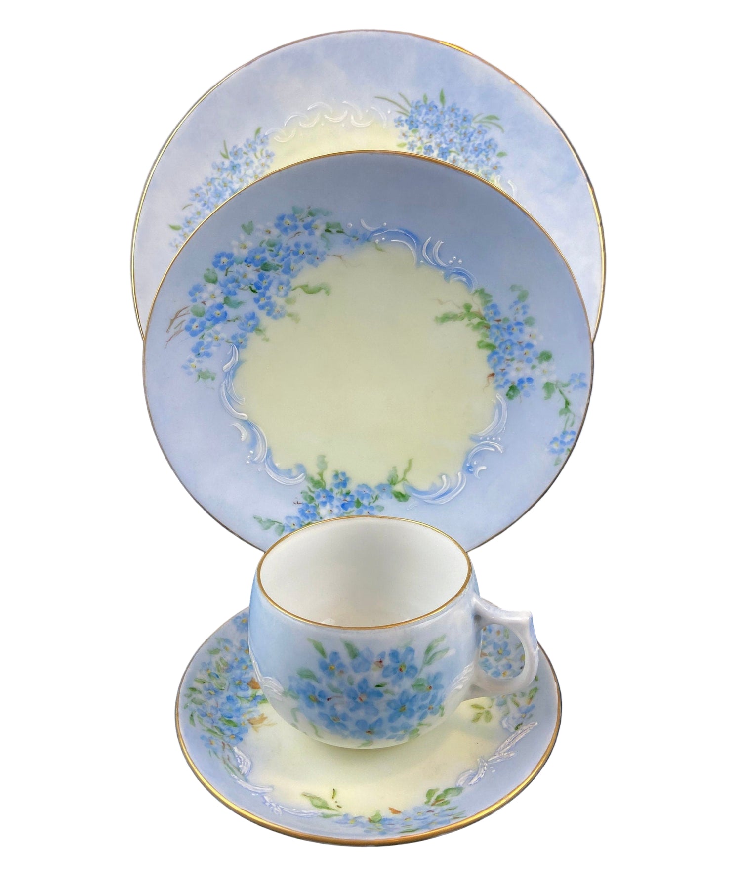 Antique Forget-Me-Not Porcelain Set – Cup, Saucer, and Plates