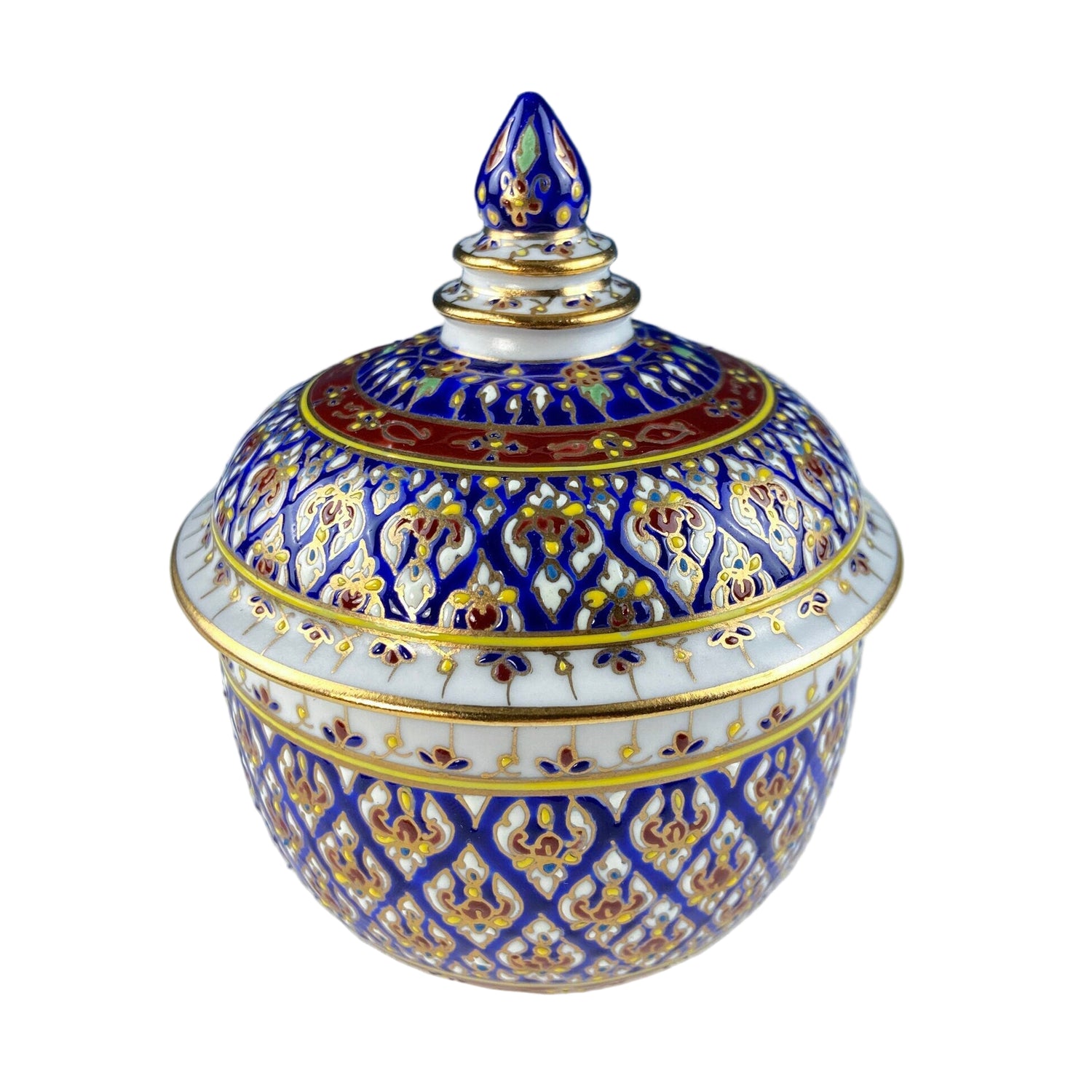 Thai Benjarong Lidded Jar – Hand Painted Cobalt & Gold