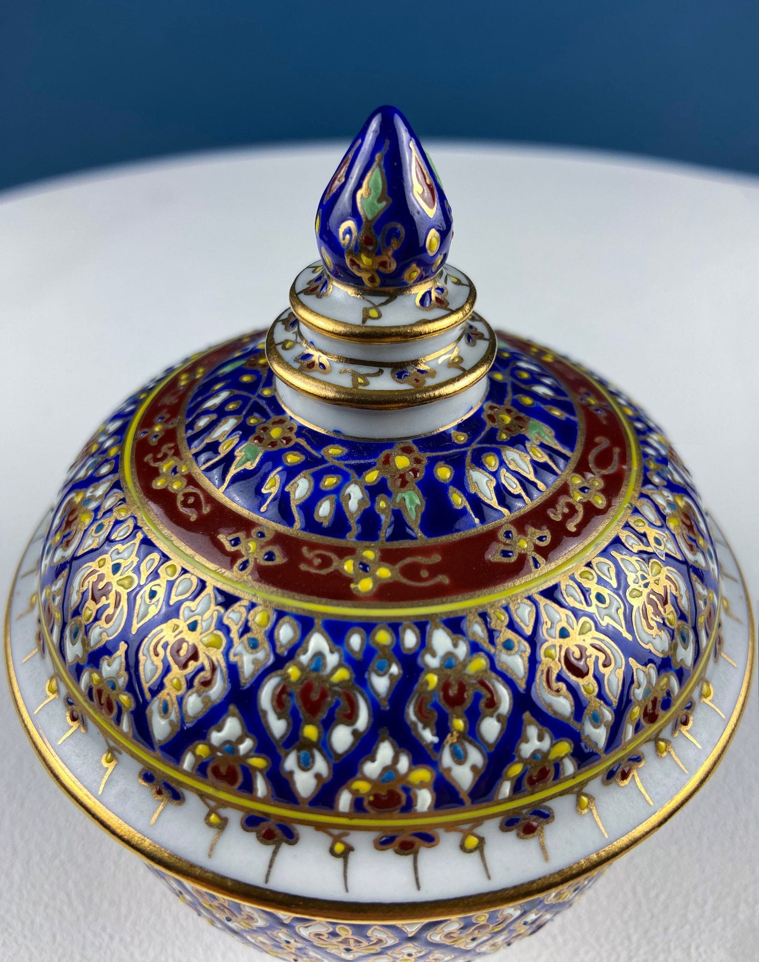 Thai Benjarong Lidded Jar – Hand Painted Cobalt & Gold