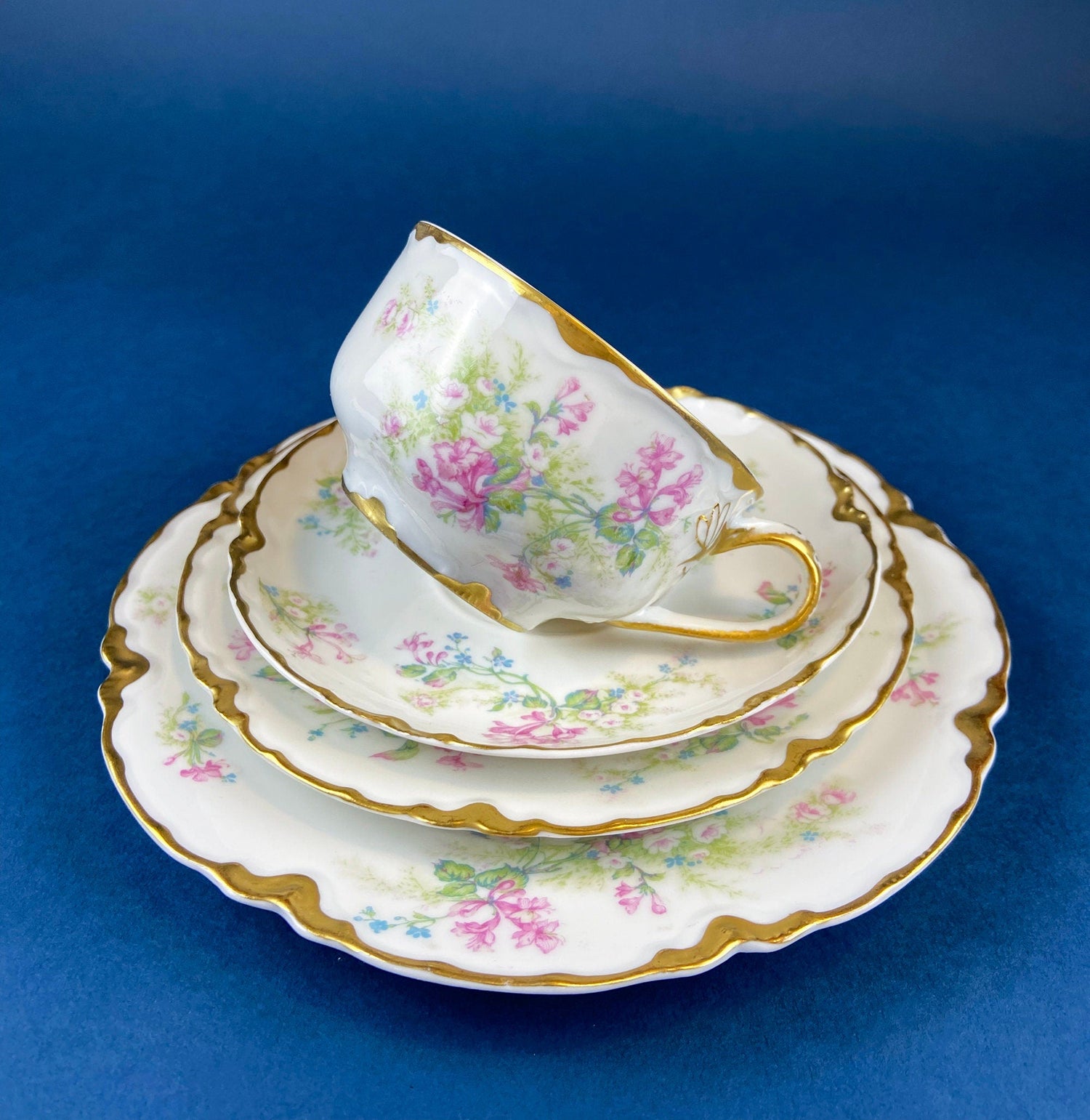 Antique Limoges Trio Tea Set – Floral Motif with Forget-Me-Nots, Honeysuckle & Roses