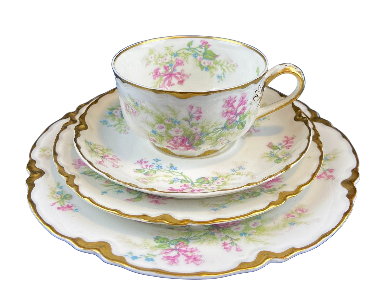 Antique Limoges Trio Tea Set – Floral Motif with Forget-Me-Nots, Honeysuckle & Roses
