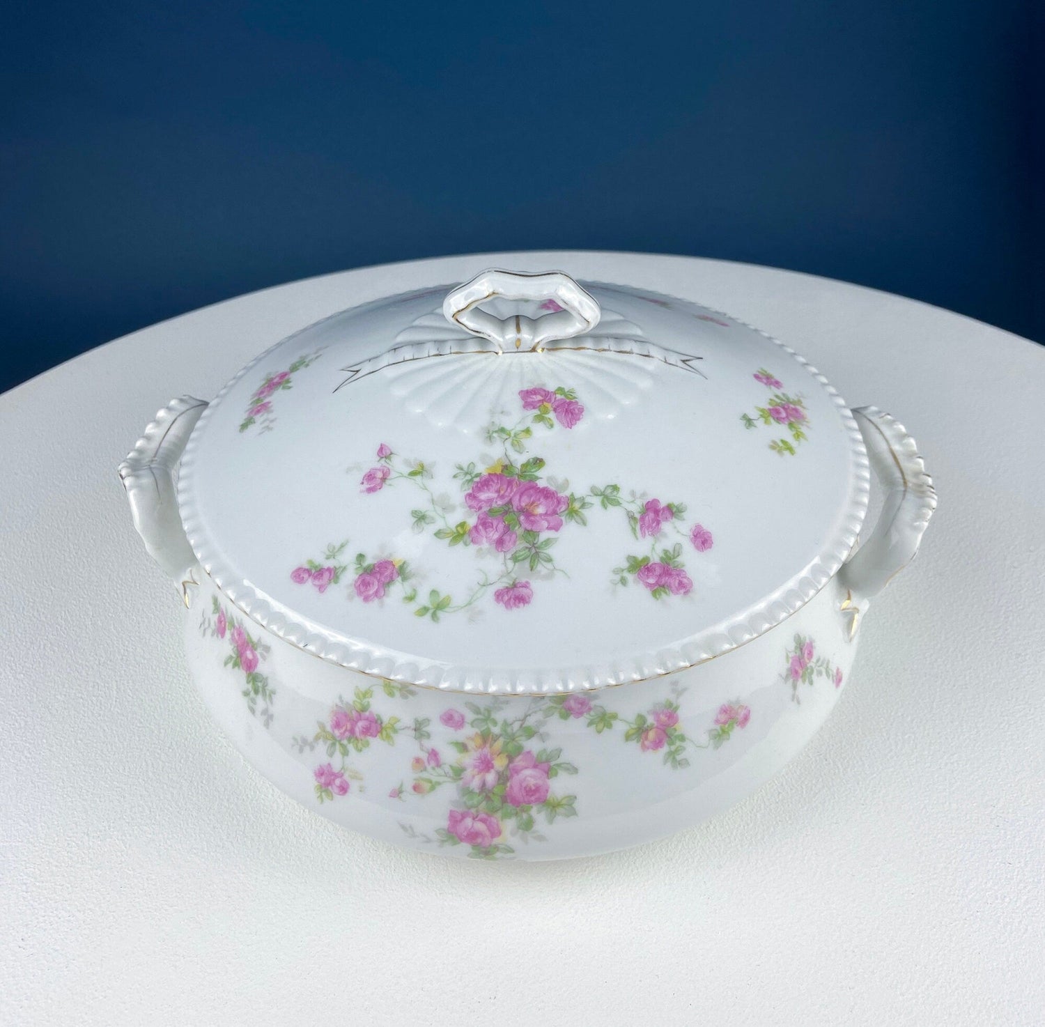 Antique Porcelain Tureen – Pink Roses Design with Bow Handles