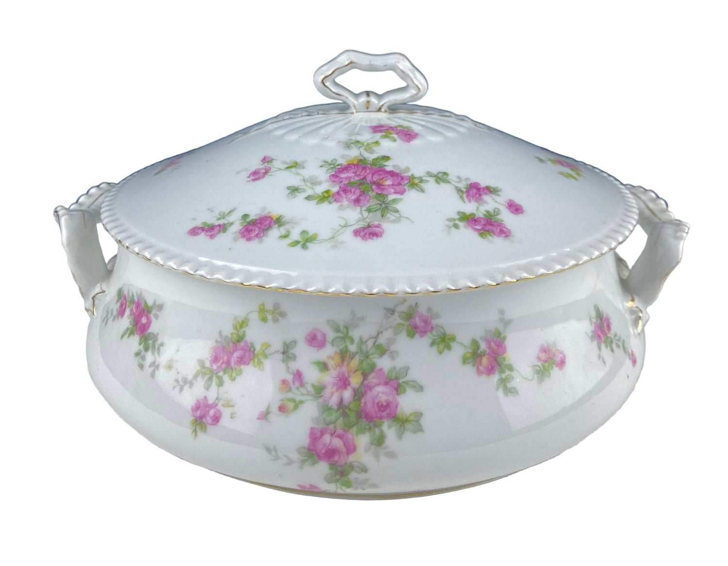 Antique Porcelain Tureen – Pink Roses Design with Bow Handles