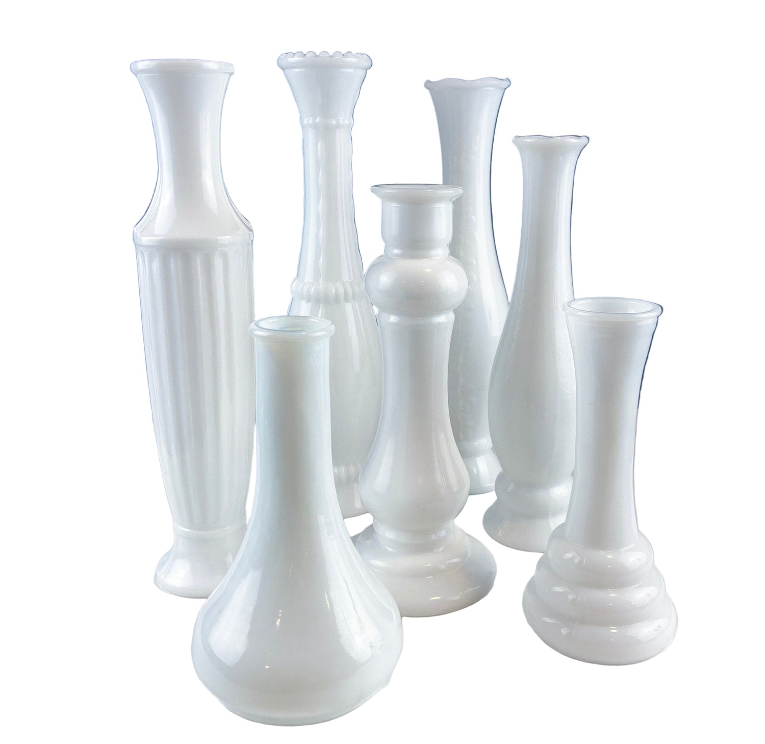 White Milk Glass Vases – Set of 5 Assorted Designs & Sizes