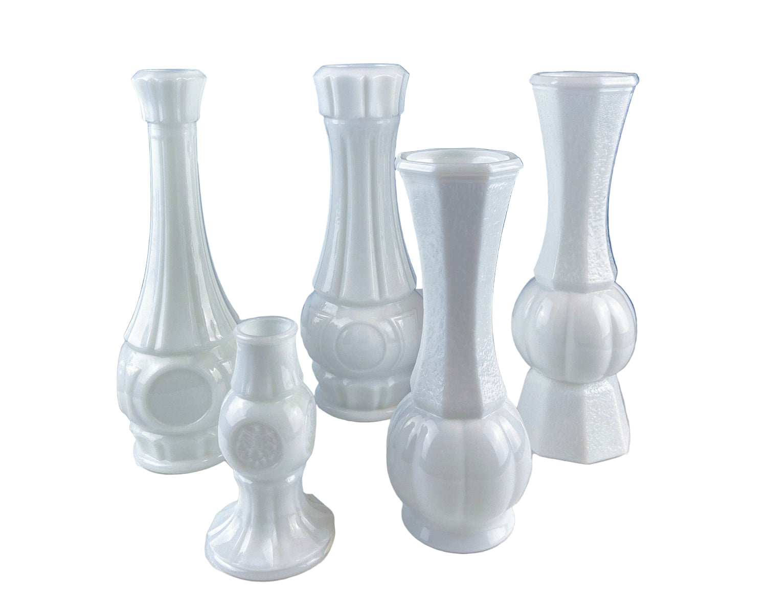 White Milk Glass Vases with Coin Design – Set of 5 Assorted Shapes & Sizes