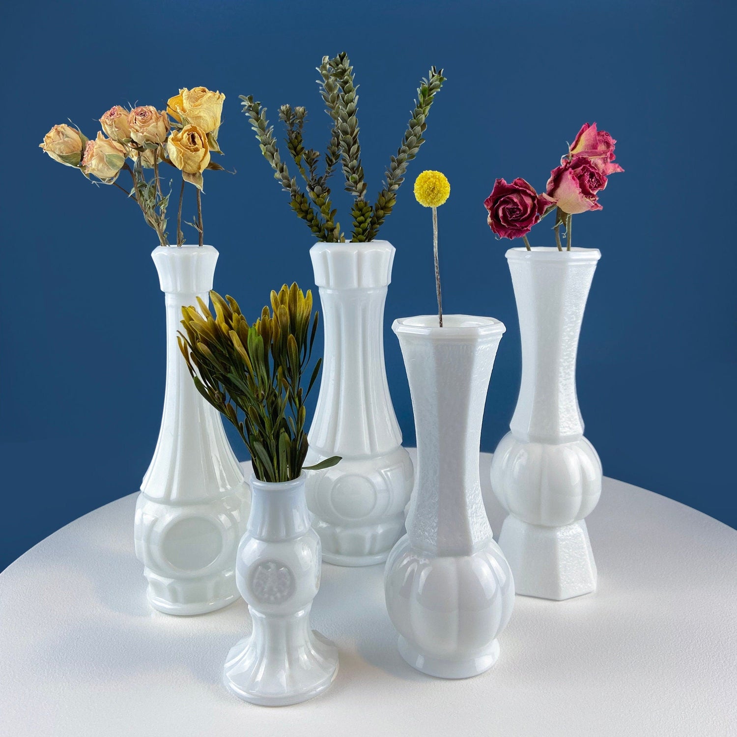 White Milk Glass Vases with Coin Design – Set of 5 Assorted Shapes & Sizes