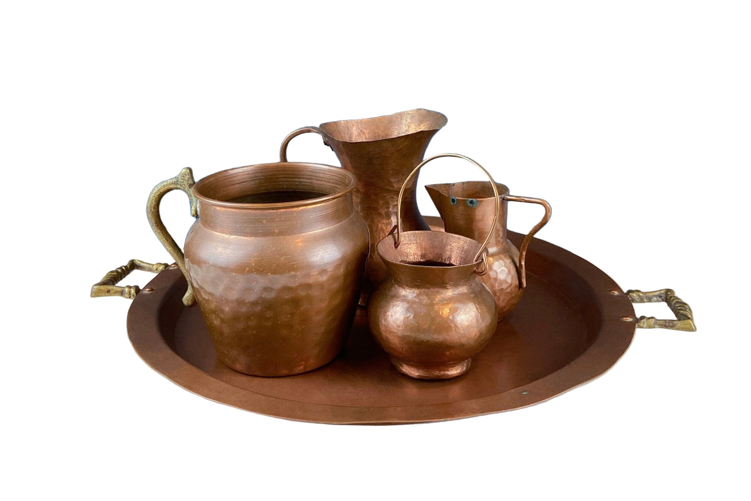 Vintage Copper Vase and Tray Set with Brass Handles – Hand-Pounded Set of 4