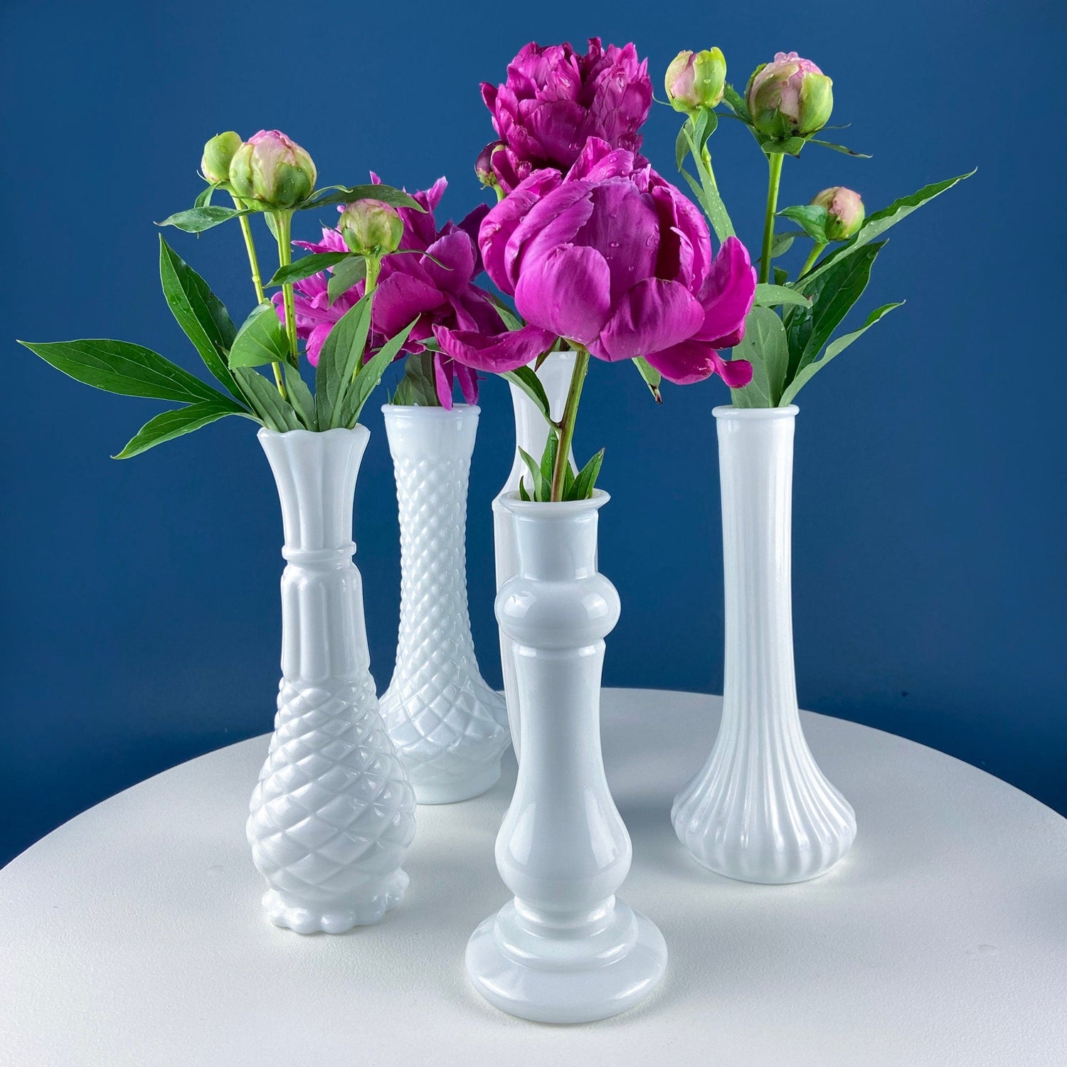 White Milk Glass Vases – Set of 5 Assorted Designs & Sizes
