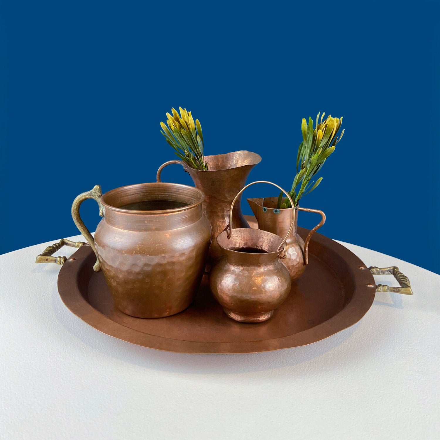 Vintage Copper Vase and Tray Set with Brass Handles – Hand-Pounded Set of 4