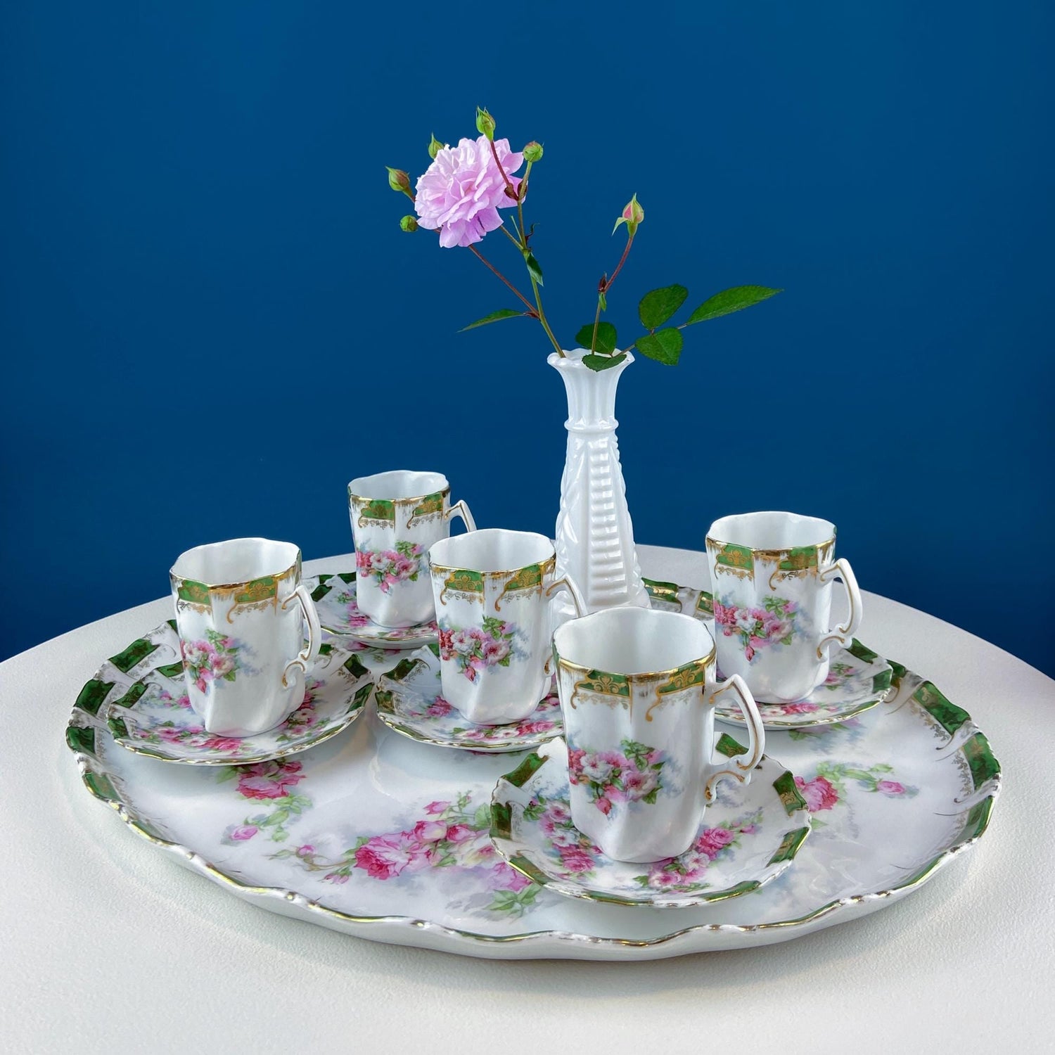 Antique Hand Painted Hot Chocolate Set – Wild Roses Tray with 5 Matching Cups