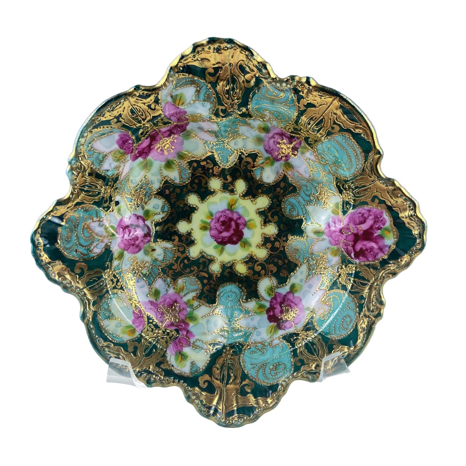 Antique Victorian Porcelain Bowl – Pink Roses & Gold Beading