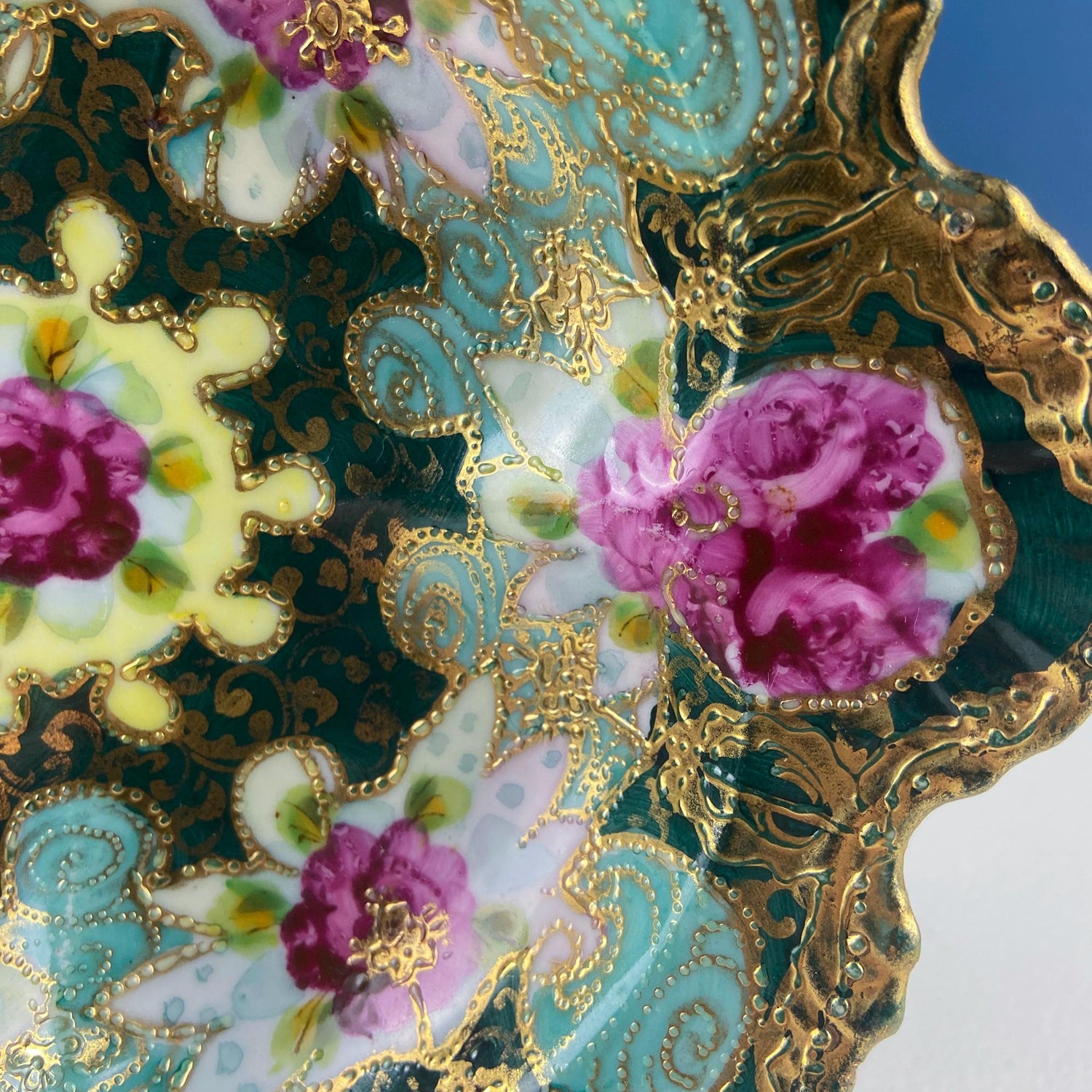 Antique Victorian Porcelain Bowl – Pink Roses & Gold Beading