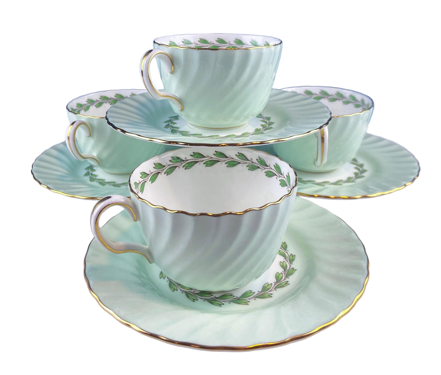 Minton Porcelain Cups & Saucers – Set of 4 Green & White Leaf Garland Design