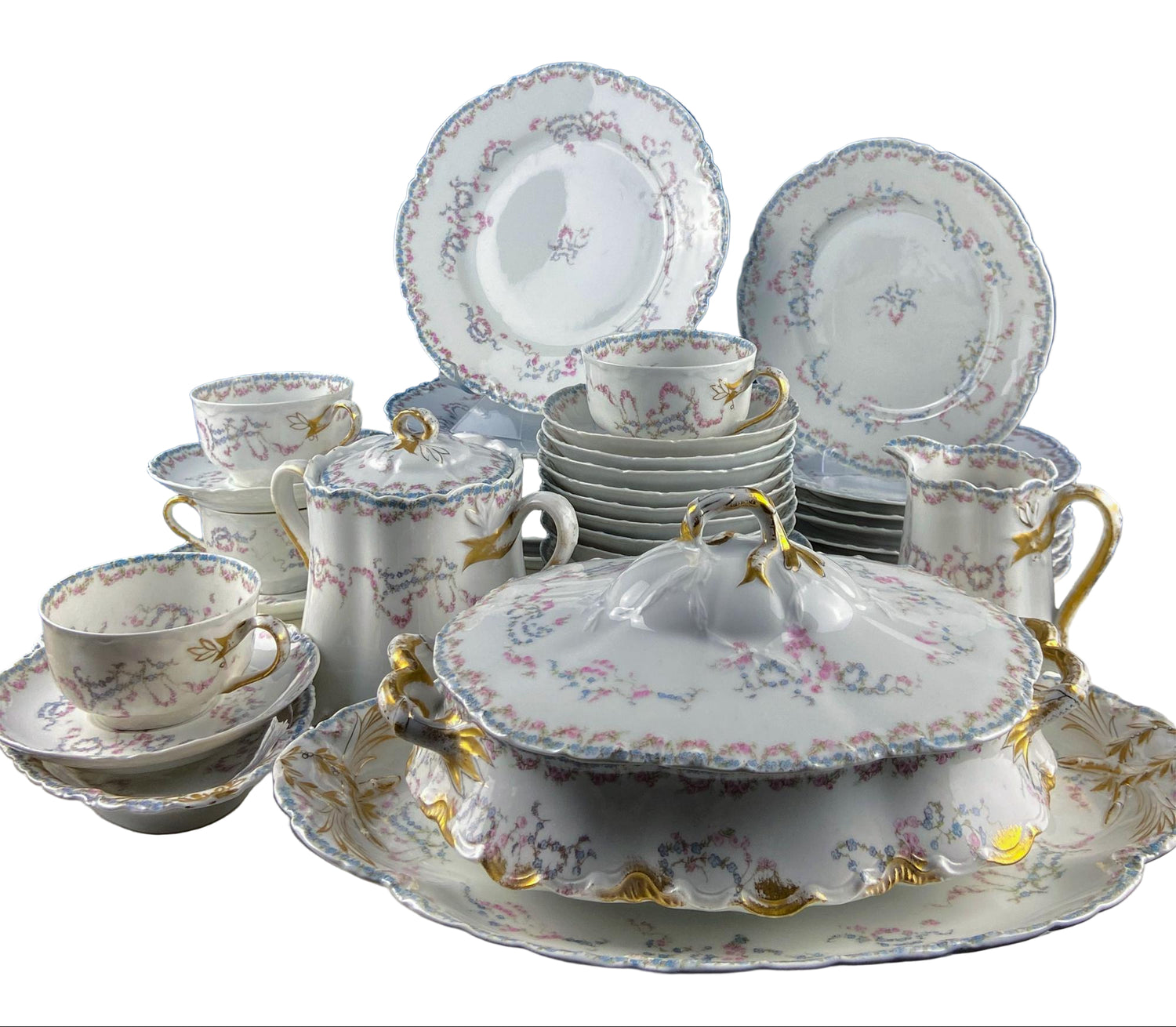 Antique Limoges Dish Set for 8 – Forget-Me-Nots & Tea Roses Floral Motif