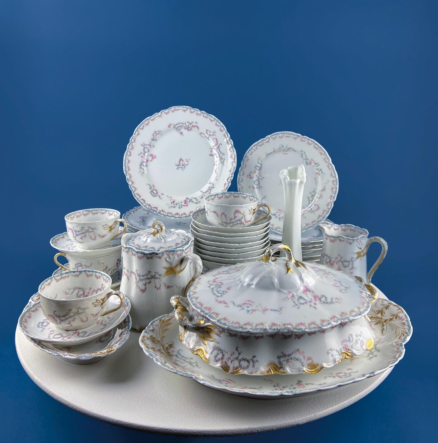 Antique Limoges Dish Set for 8 – Forget-Me-Nots & Tea Roses Floral Motif