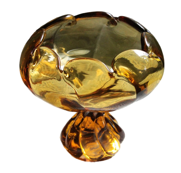 Amber Glass Pedestal Candy Bowl – Scalloped Pinched Rim Design