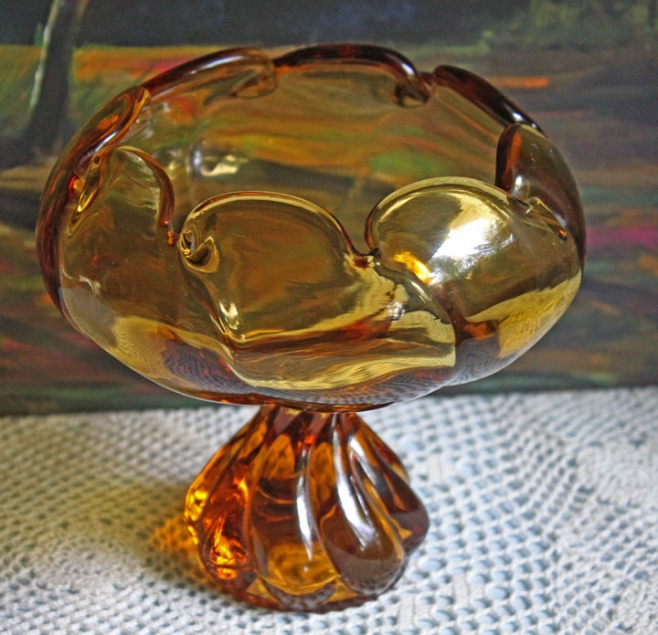 Amber Glass Pedestal Candy Bowl – Scalloped Pinched Rim Design