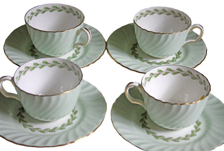 Minton Cheviot Green Cups & Saucers – Set of 4 with Laurel Garland S503