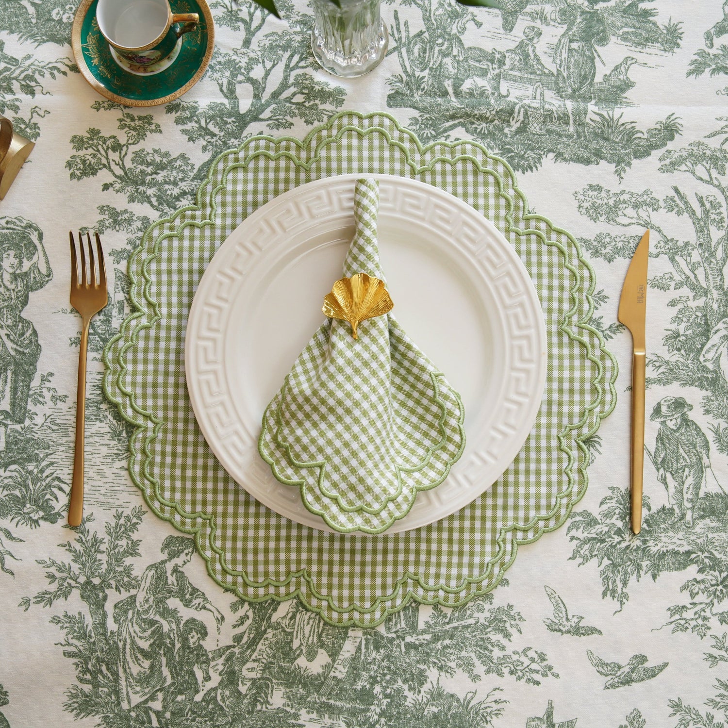 Magnolia Gingham Green Scalloped Fabric Placemat Napkin Set