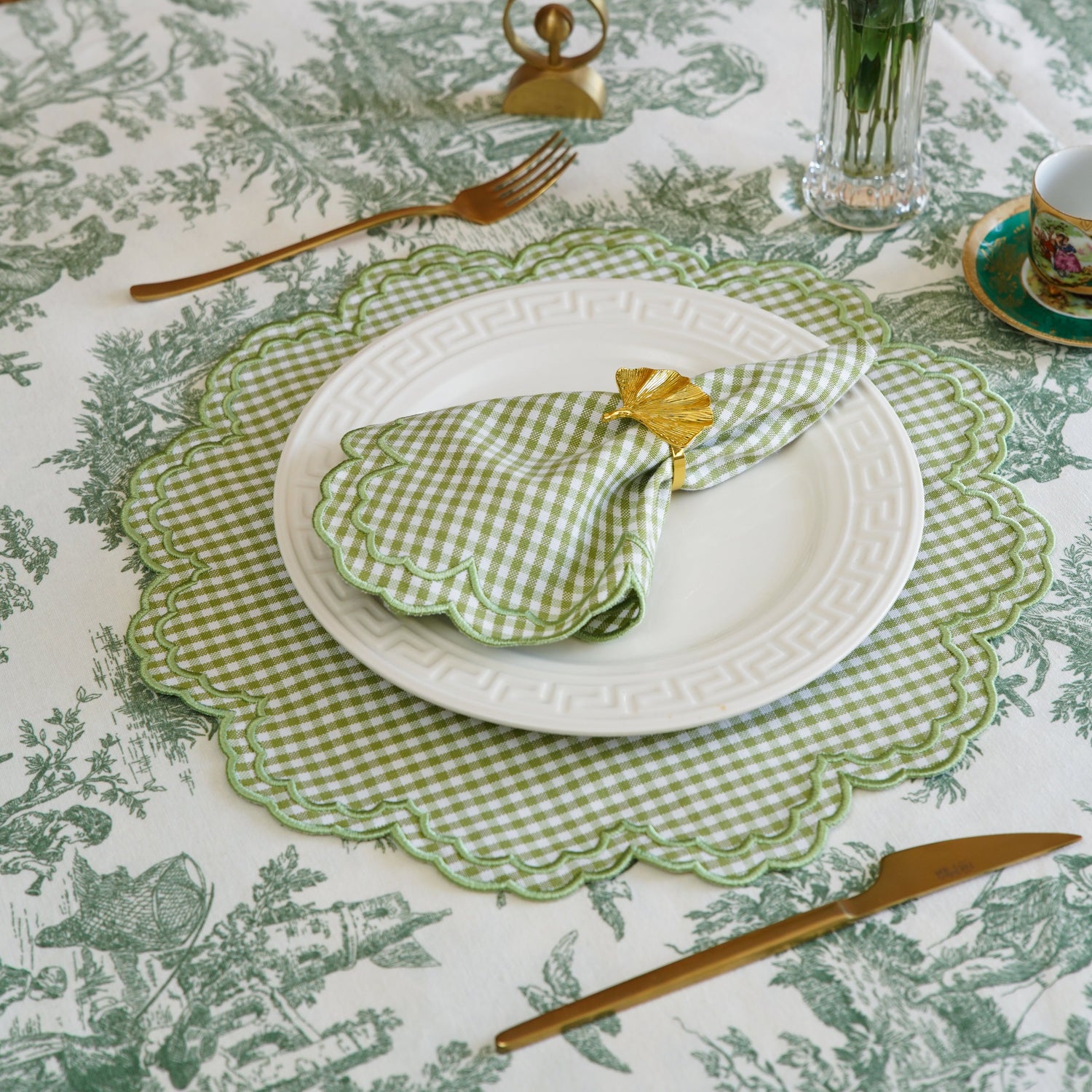 Magnolia Gingham Green Scalloped Fabric Placemat Napkin Set