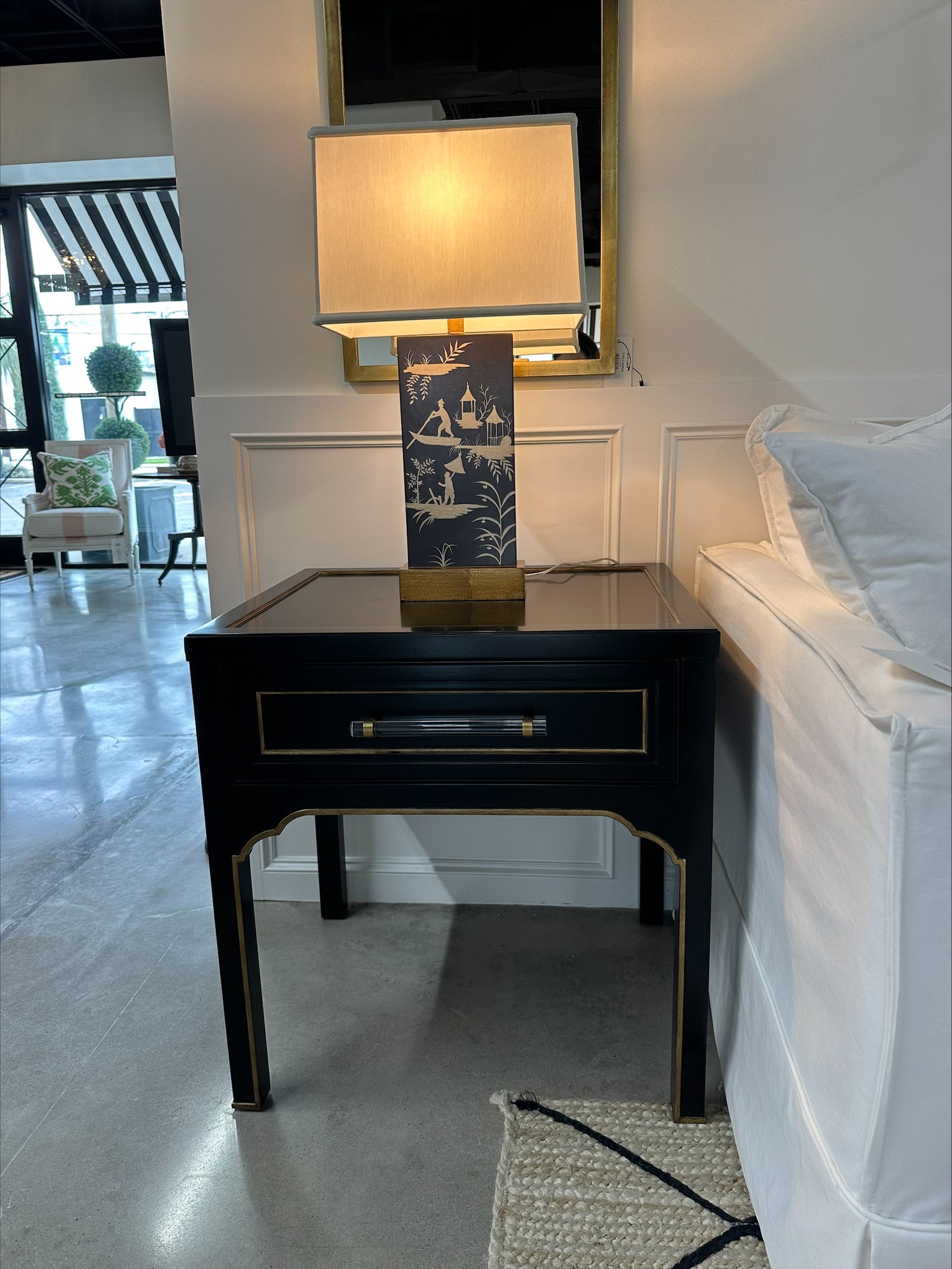 Square Side Table in Ebony Finish with Gold Striping and Acrylic Hardware