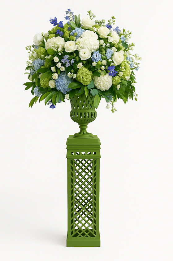 Lawn Green Cast Aluminum Fretwork Urn and Pedestal