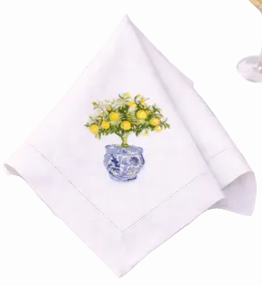 Set of 4 Lemon Topiary Embroidered Dinner Napkins