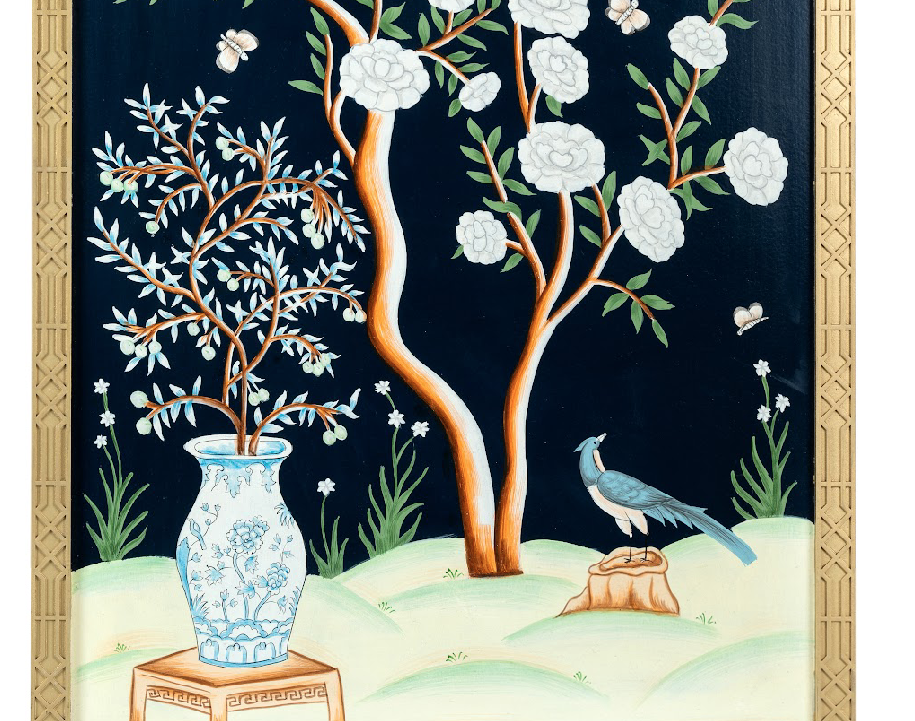 Navy And Multi Color Vase Chinoiserie Mural