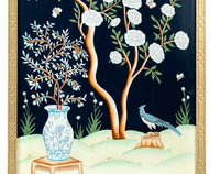Navy And Multi Color Vase Chinoiserie Mural
