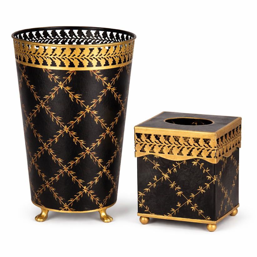 Black Pierced Gold Leaf Wastepaper Basket