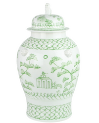 Green and White Village Scene Jar