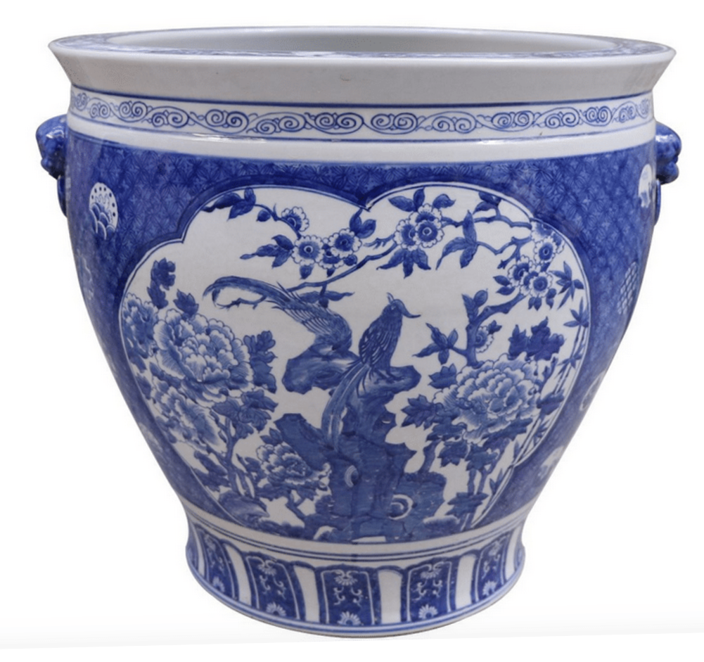 Navy Bird and Floral Fishbowl Pot