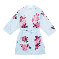 Floral Satin Robe with Pockets – Light Blue with Greenery &amp; Red Florals