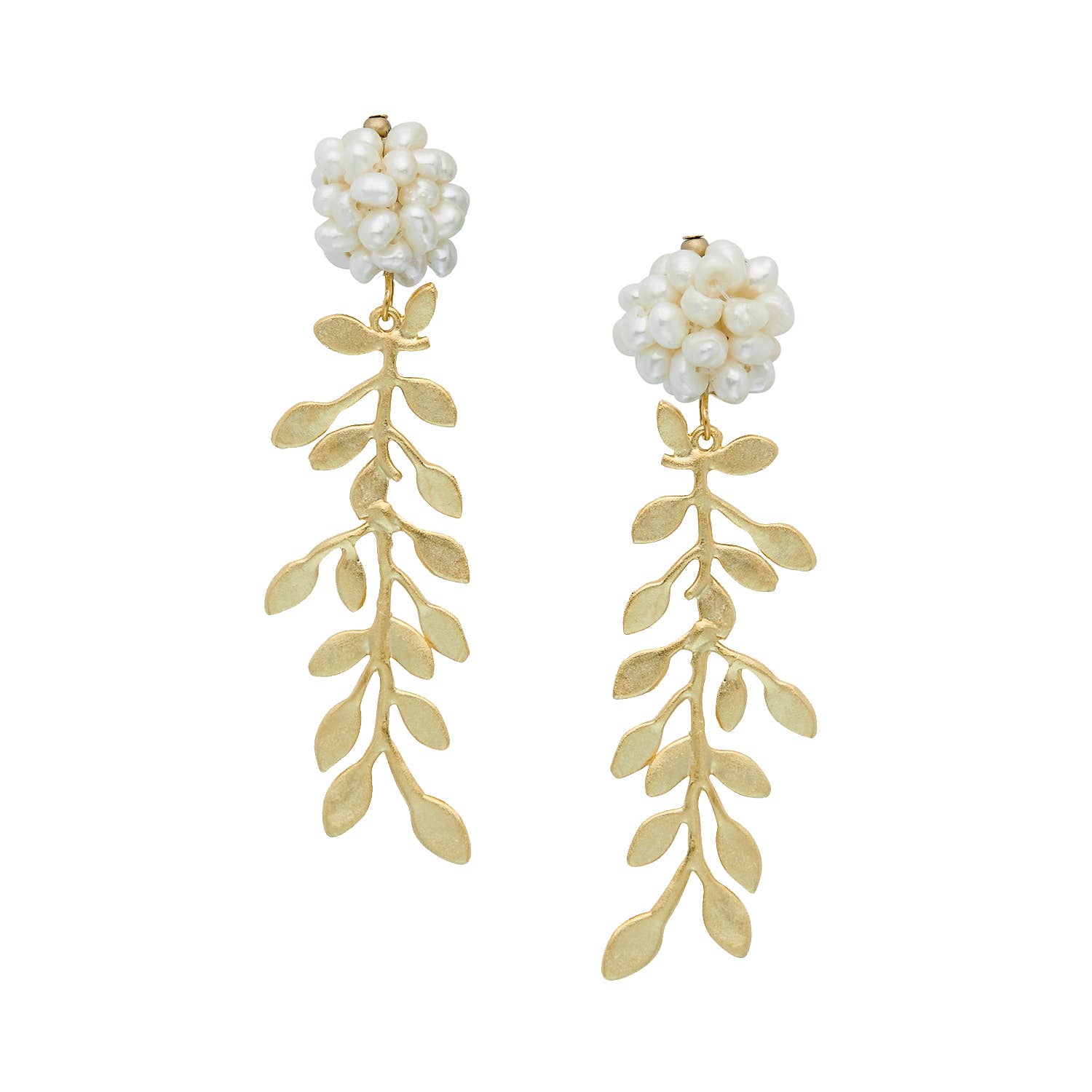 Freshwater Pearl Cluster Gold Vine Dangle Earrings