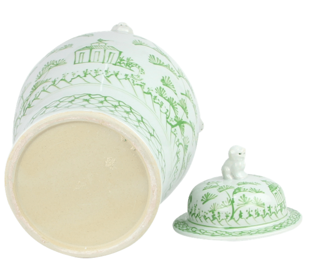 Green and White Village Scene Jar