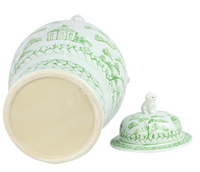 Green and White Village Scene Jar