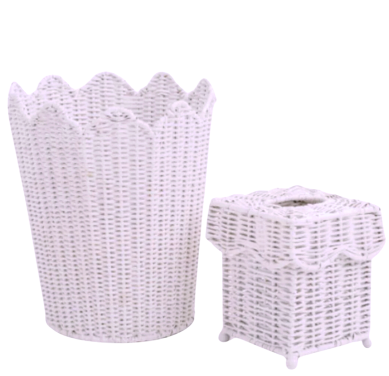 Pale Pink Scalloped Wicker Wastepaper Basket & Tissue Holder